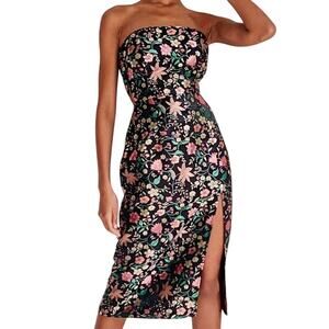 Lulus Make A Move Black Satin Floral Jacquard Strapless Midi Dress Size XS